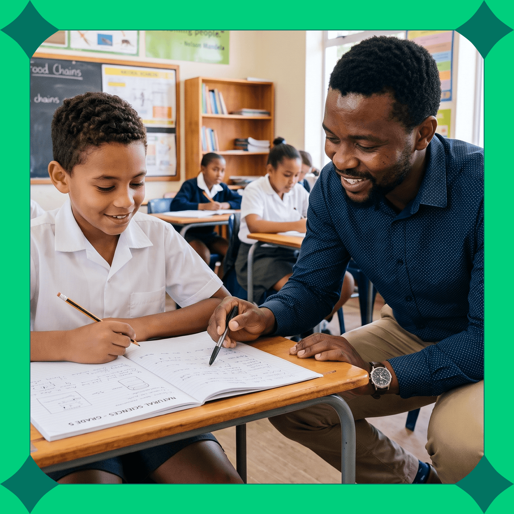 A teacher pointing out a correction in a student's notebook, with a multilingual classroom poster in the background